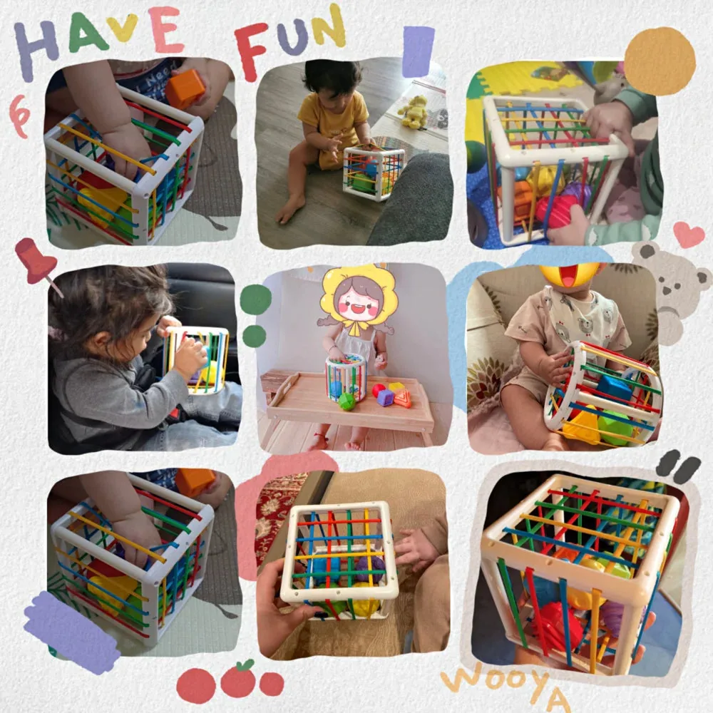 Arindolê Brinquedos collage de crianças usando Brinquedo Educativo e Sensorial para desenvolver coordenação motora e imaginação