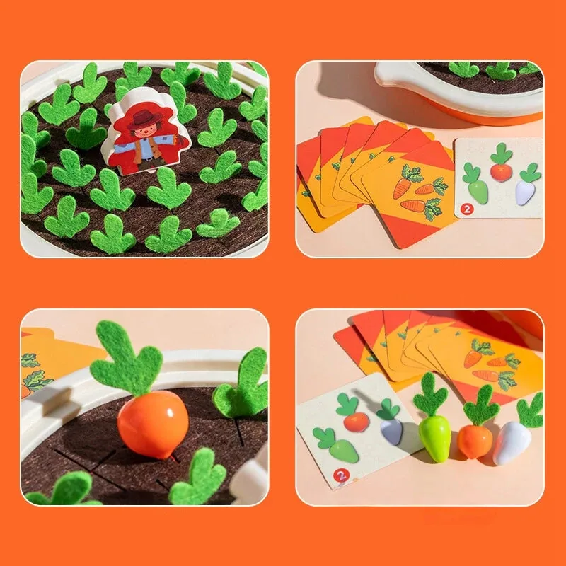 Brinquedo Montessori Educativo com cenouras, cartas e jogos para aprendizado lúdico e interação em grupo