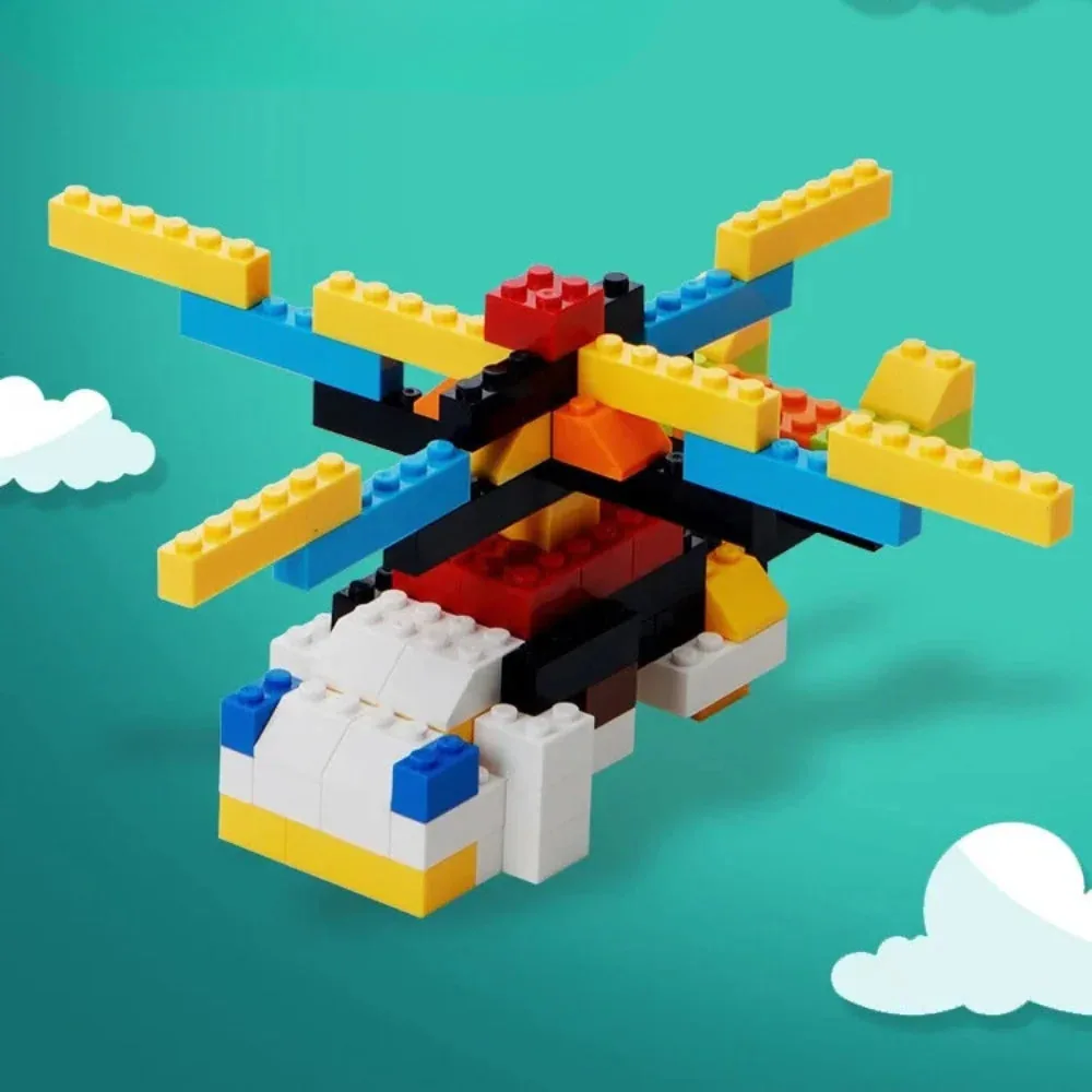 Helicóptero construído com Blocos de Montar sobre um fundo azul