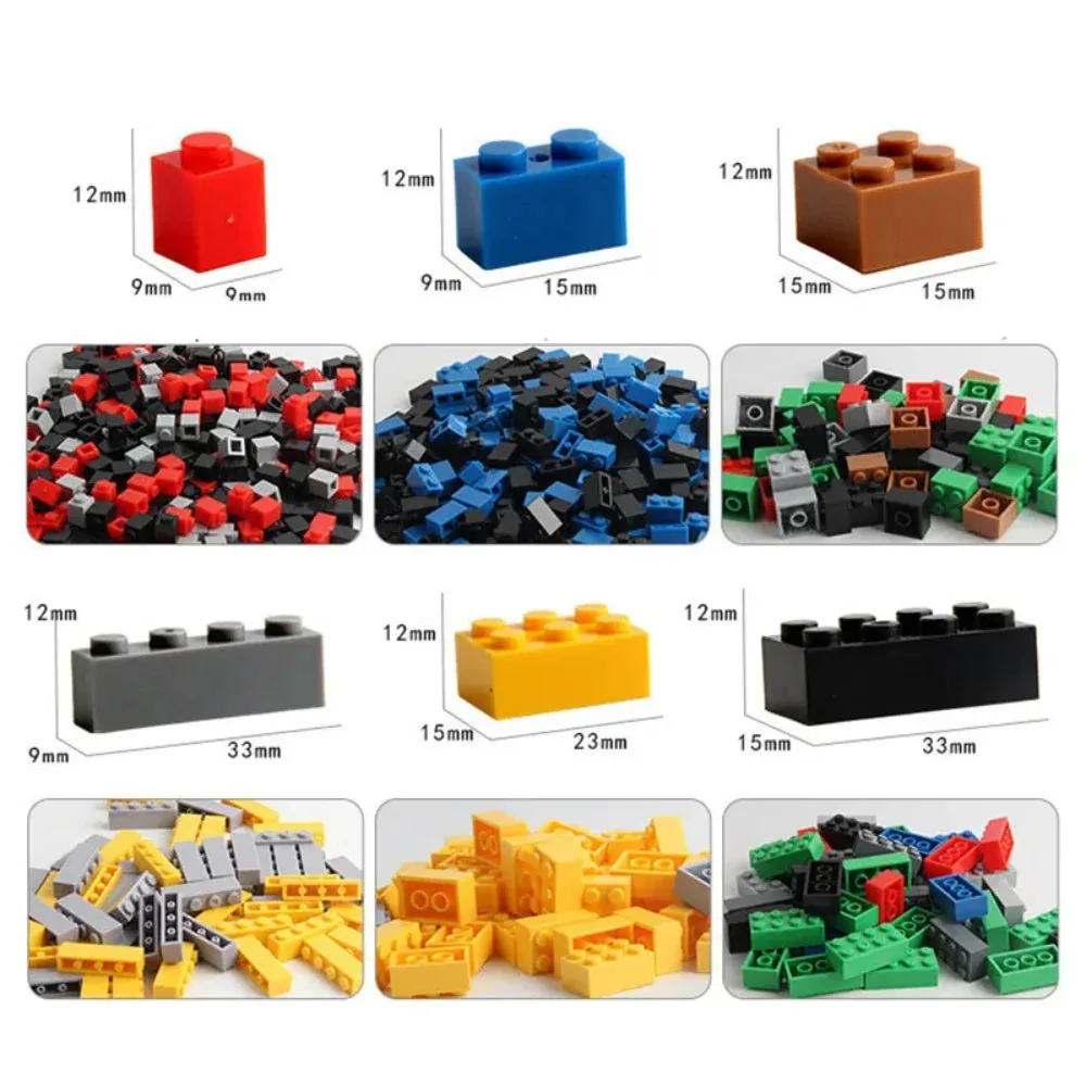 Diferentes tipos e tamanhos de Blocos de Montar com medições