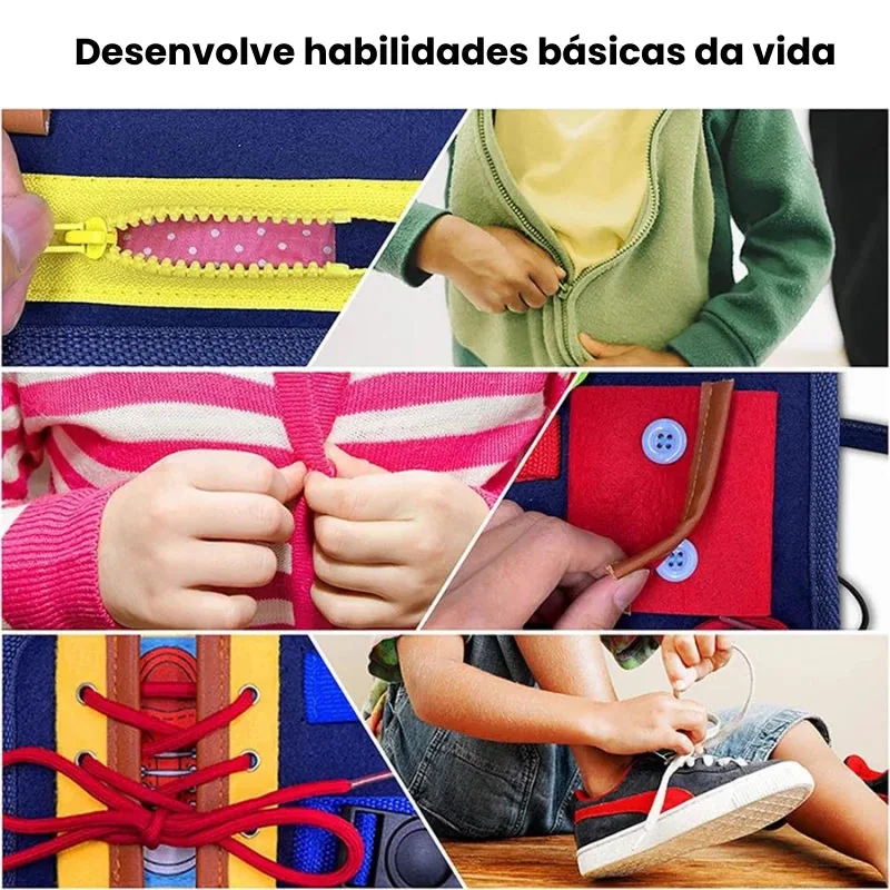 Arindolê Brinquedos Brinquedo Montessori com exercícios de zíperes, botões e cadarços para estimular habilidades práticas e motoras
