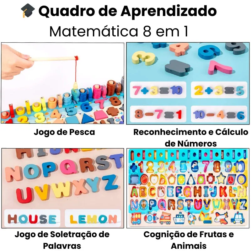 Brinquedo de Madeira educativo com jogos de pesca, cálculo, soletração e reconhecimento de formas