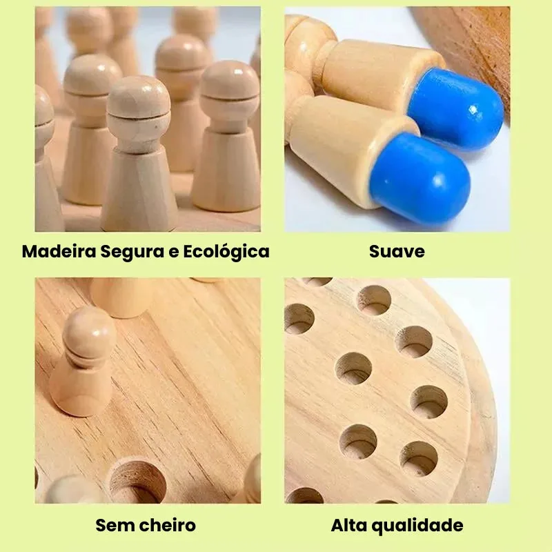 Detalhes do brinquedo Montessori feito de madeira ecológica com acabamento suave e peças educativas