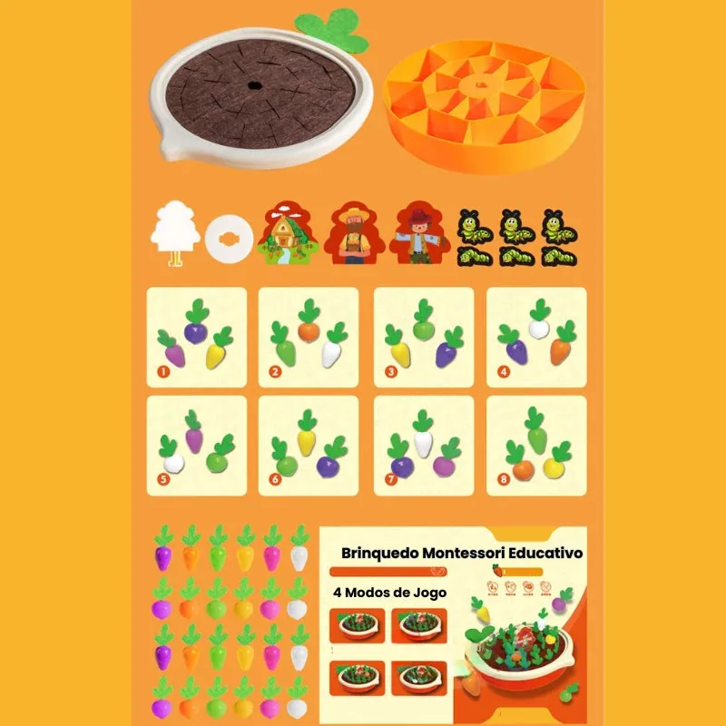 Componentes do Brinquedo Montessori Educativo incluindo cenouras, personagens e 4 modos de jogo para aprendizado divertido