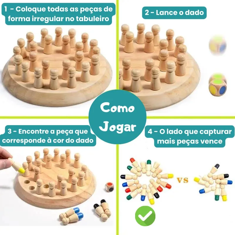 Instruções ilustradas de como jogar o brinquedo Montessori jogo educativo de cores com tabuleiro e dado