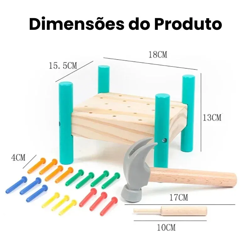 Arindolê Brinquedos Dimensões do Brinquedo de Madeira Montessori com pregos coloridos e martelo educativo