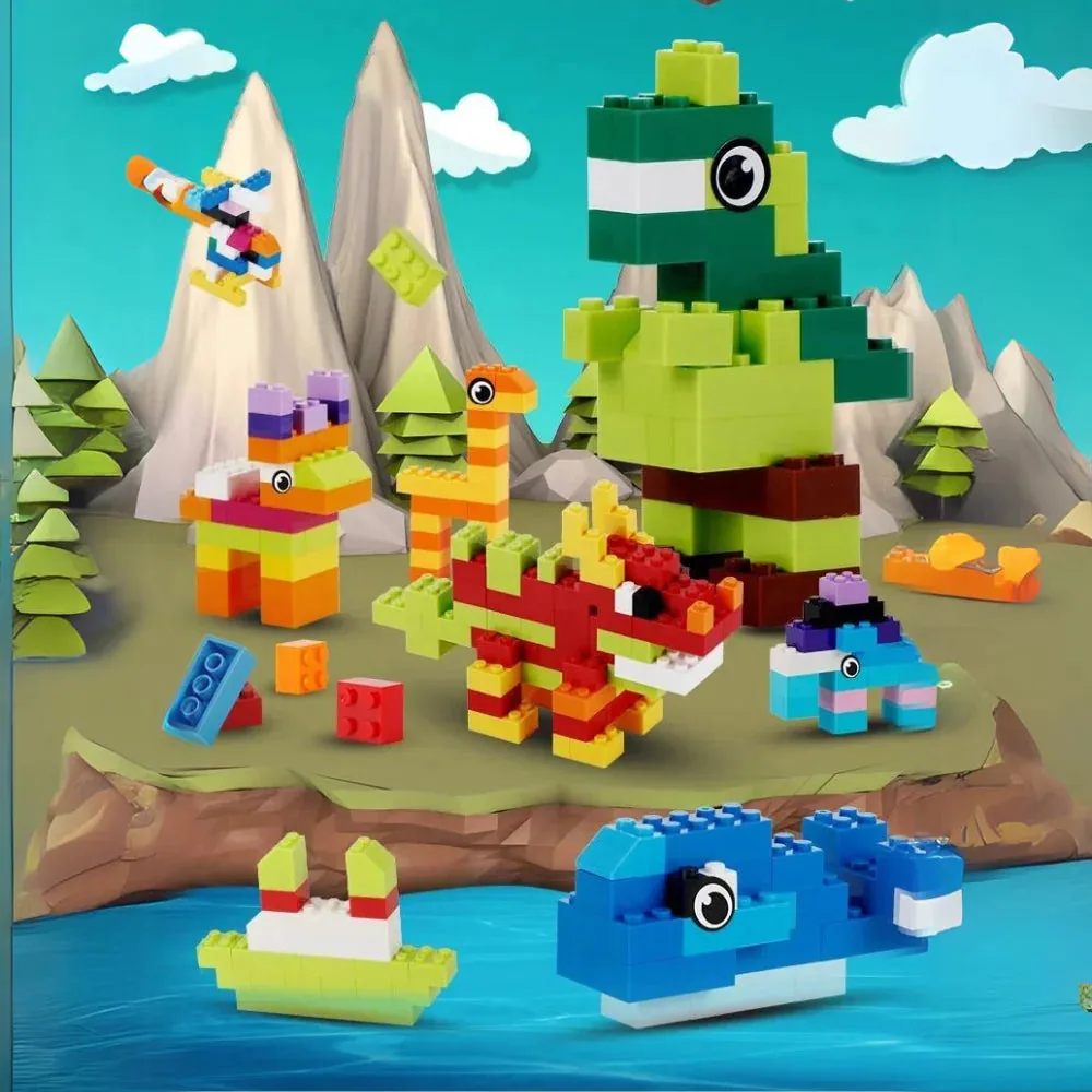Cenário com animais construídos com Blocos de Montar em uma paisagem colorida