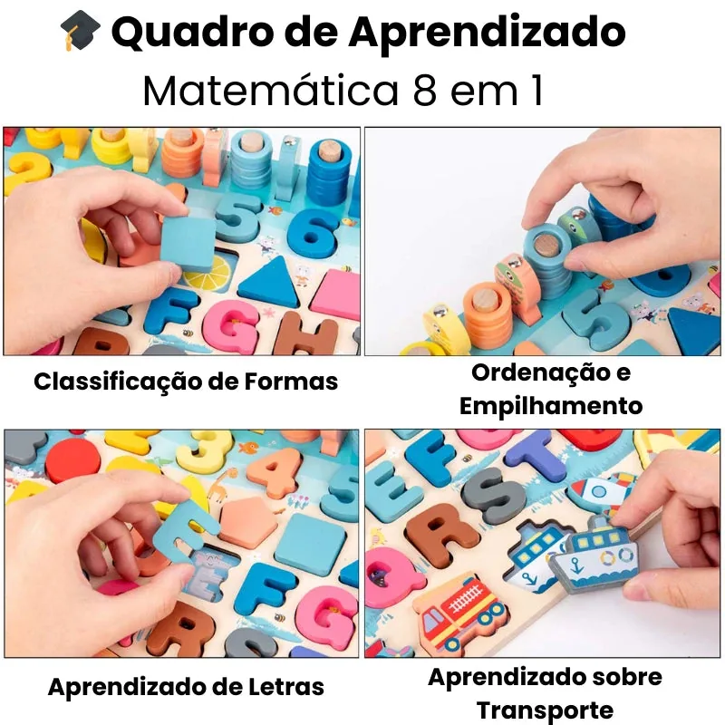 Brinquedo de Madeira 8 em 1 com atividades educativas, como classificação de formas, empilhamento e aprendizado de letras e transportes