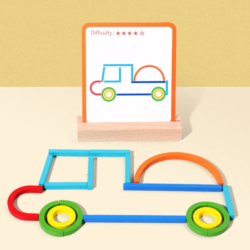 Tangram Montessori de madeira formando carro colorido com cartão de dificuldade no suporte